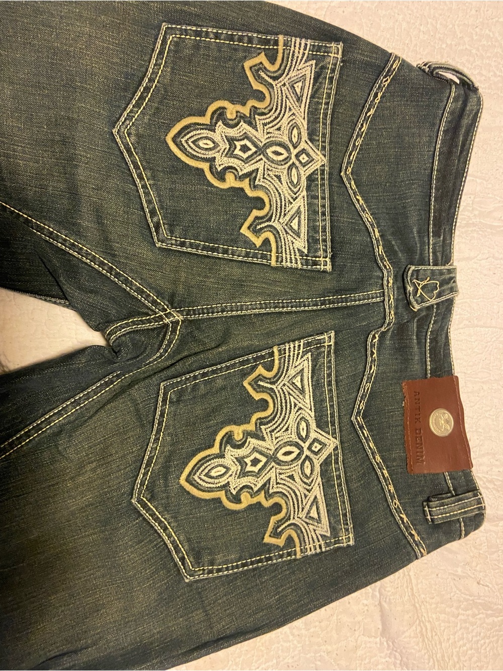 Men’s Vintage Antik Embroidered Dark Wash Jeans - Brown Accent